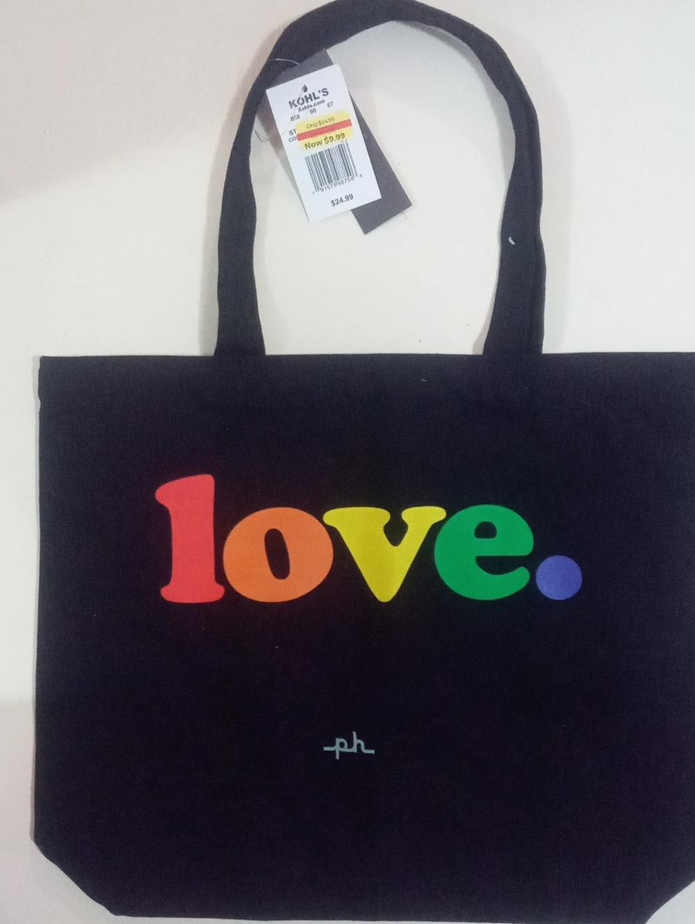 Black 'Love' Rainbow Print Canvas Tote Bag NWT $24.99